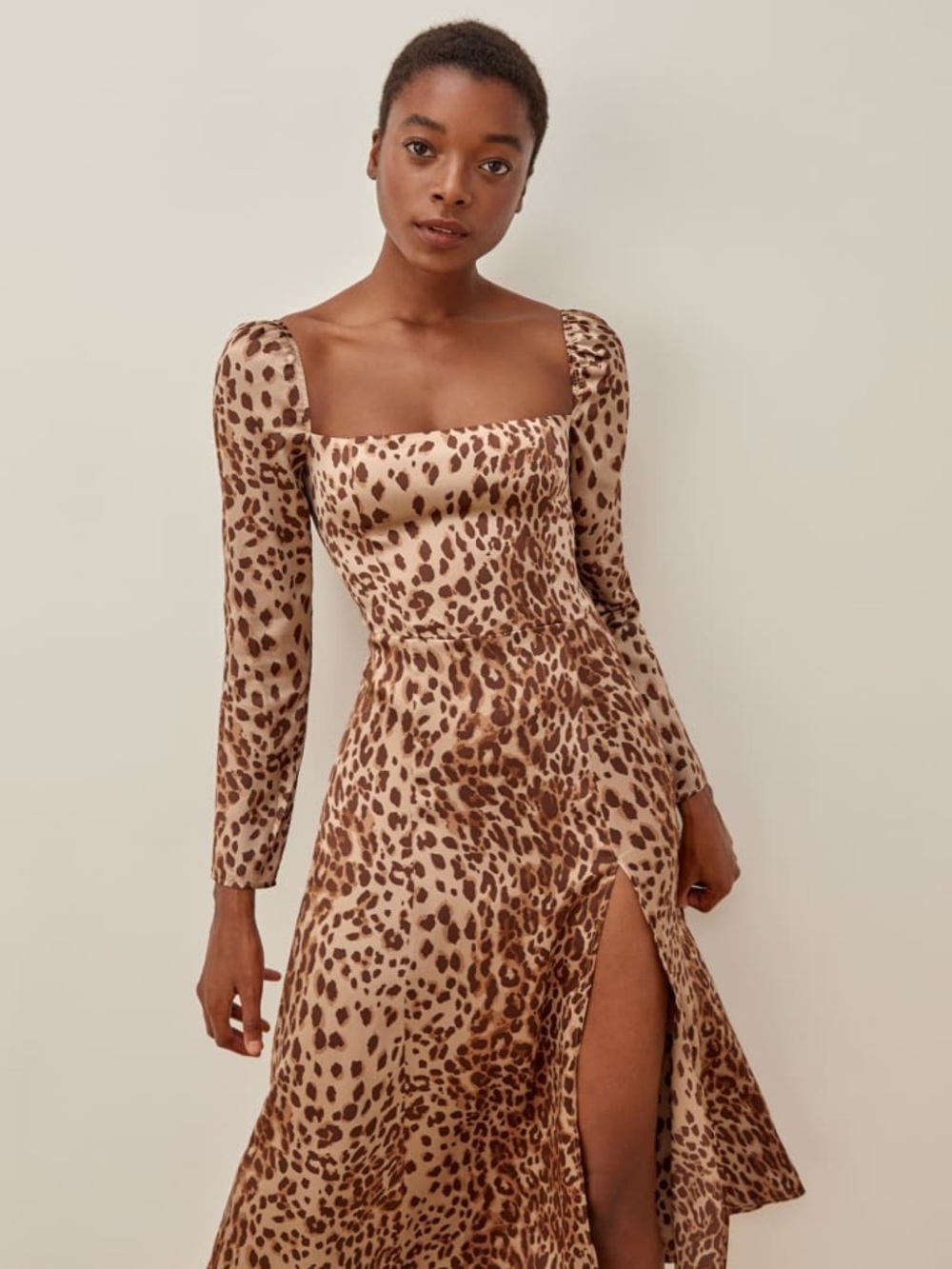 Reformation Maryanne Silk Midi Dress Cat Brown Leopard Tan 6 Women’s